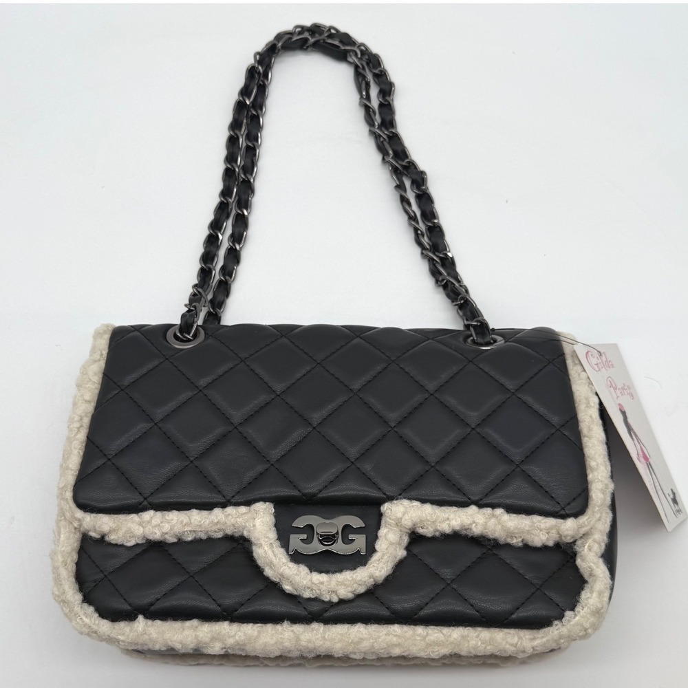 Gilda Paris Quilted Fur Baguette Shoulder Bag Black Chain‎ Strap Purse $159